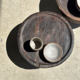 Small tripod stool low in dark brown upcycled teak