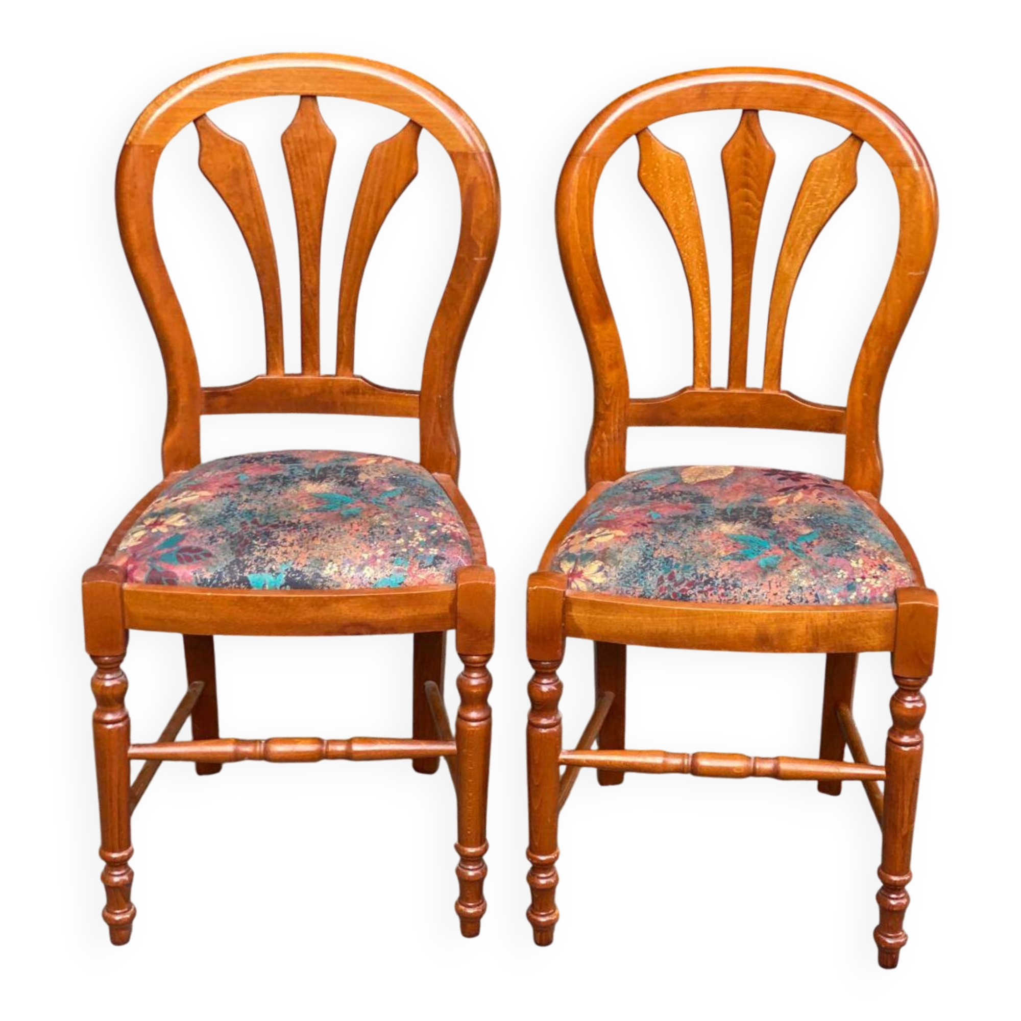 2 chaises bois massif chêne clair tissu fleurs