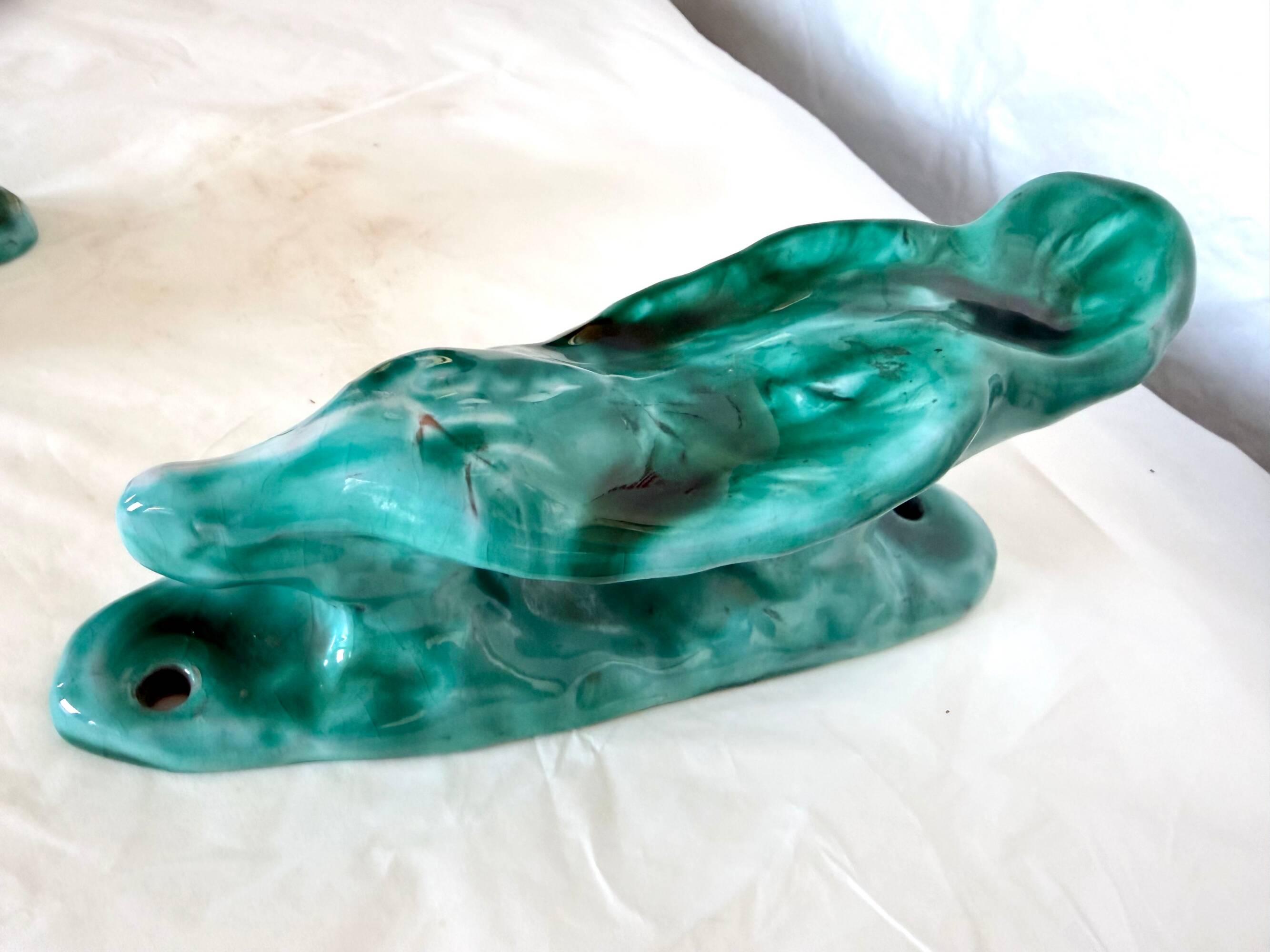 xPair of Handcrafted Teal Enameled Door Handles by Gabbianelli, Albisola, I