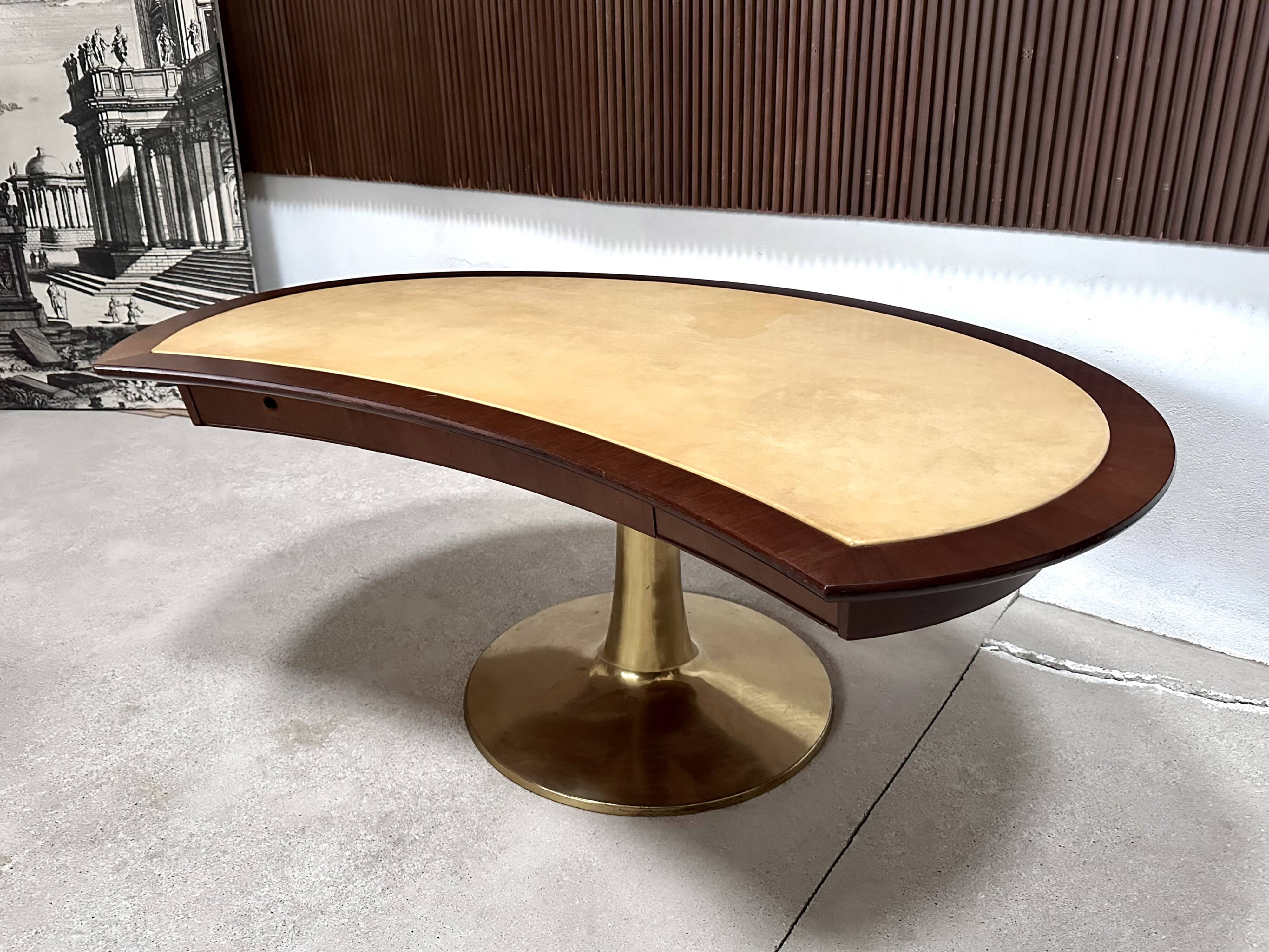 Large Italian Single Column Crescent-Shaped Desk in Goat Skin & Brass 1950s