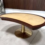 Large Italian Single Column Crescent-Shaped Desk in Goat Skin & Brass 1950s