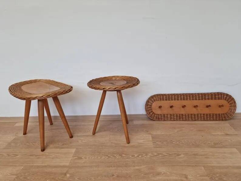 Set of Rattan and Wood Stools with Wall Coat Rack ULUV, Jan Kalous, 1960s