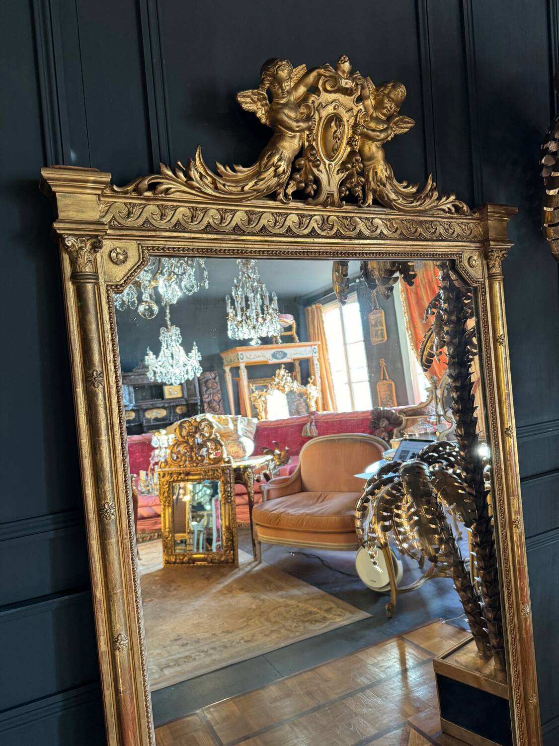 Napoleon iii period fireplace mirror in golden wood with putti decor - 19th century