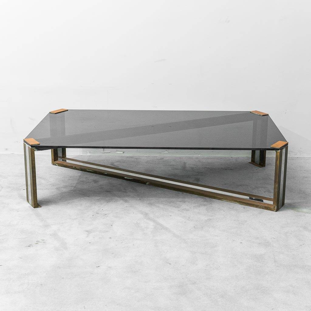 Vintage smoked glass and brass coffee table, 1970s modernism
