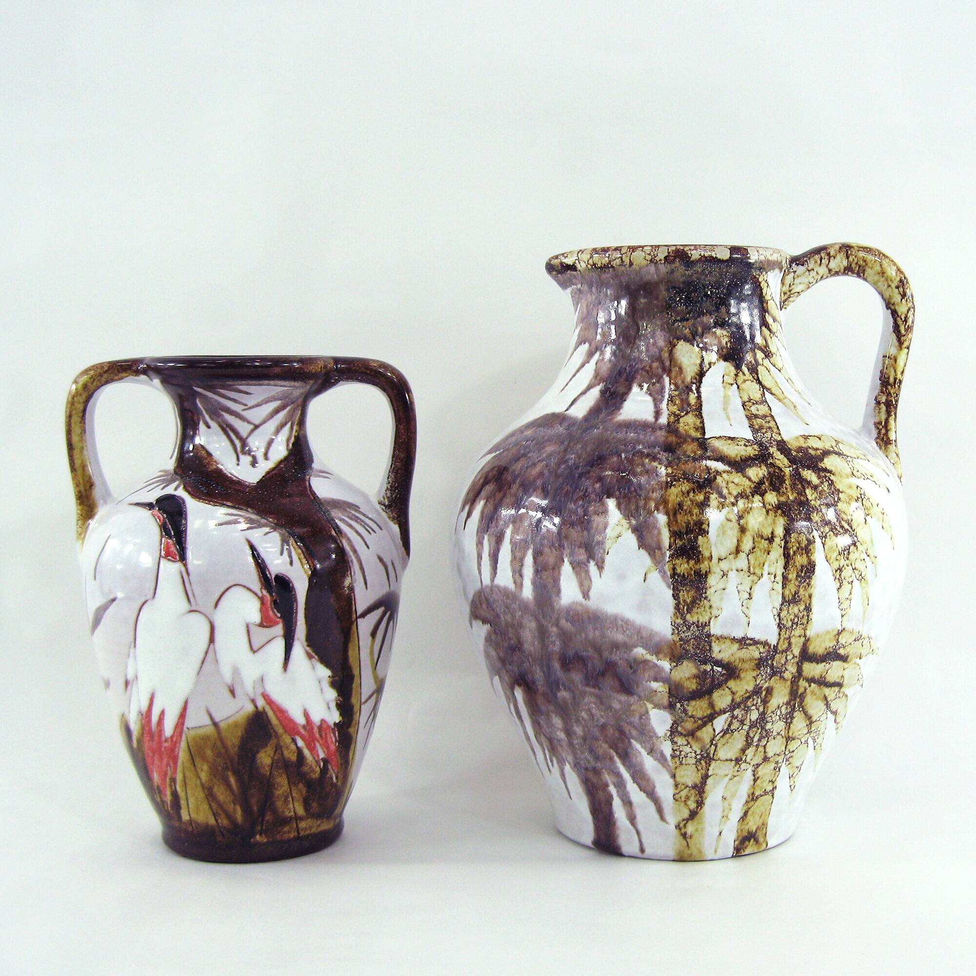 2 West Germany vases - trees and Japanese cranes decor - Marei Keramik - vintage 60s