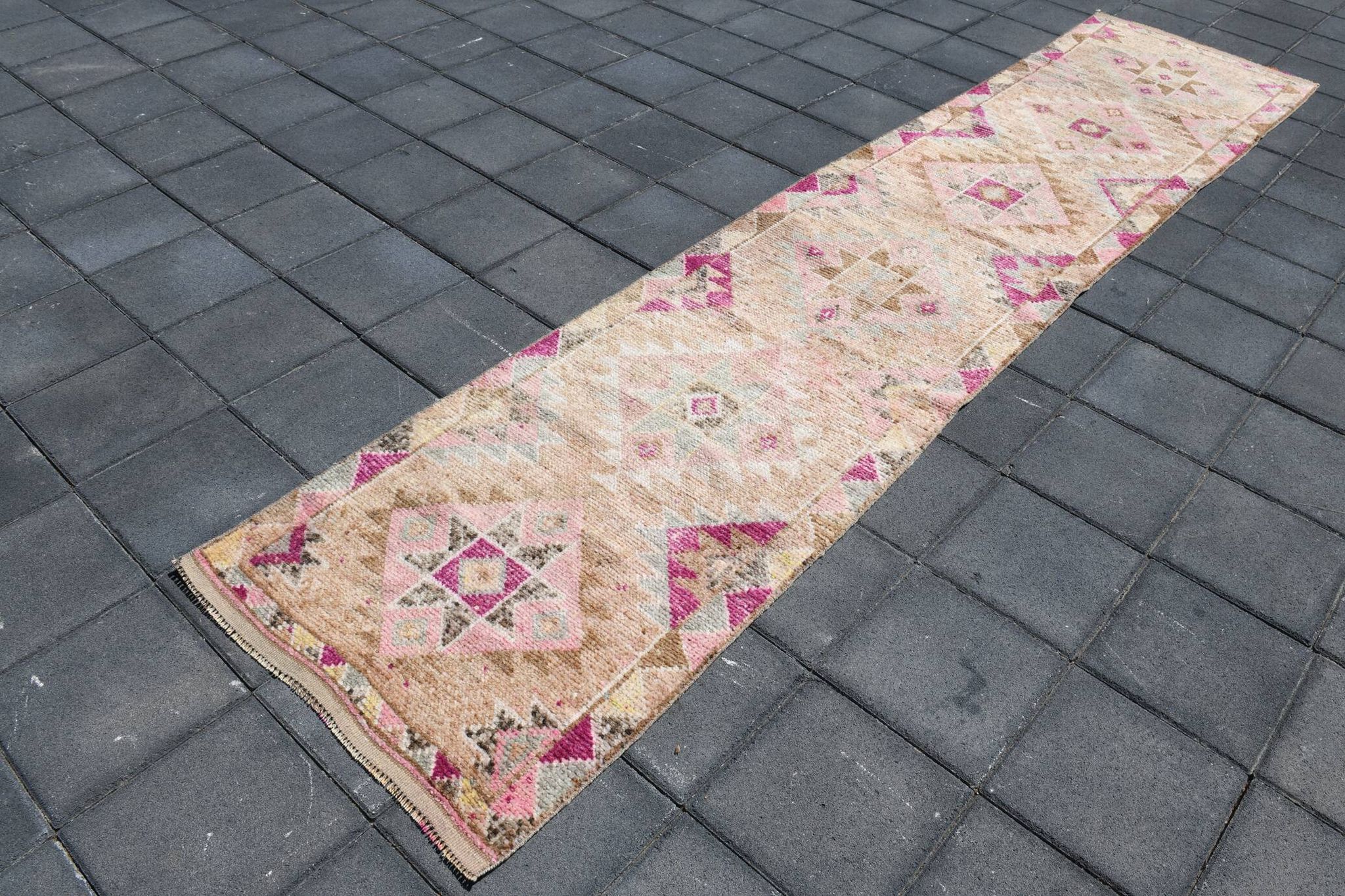 Fuchsia & Pink Vintage Runner Rug,Anatolian Geometric Wool Carpet,80x364 Cm