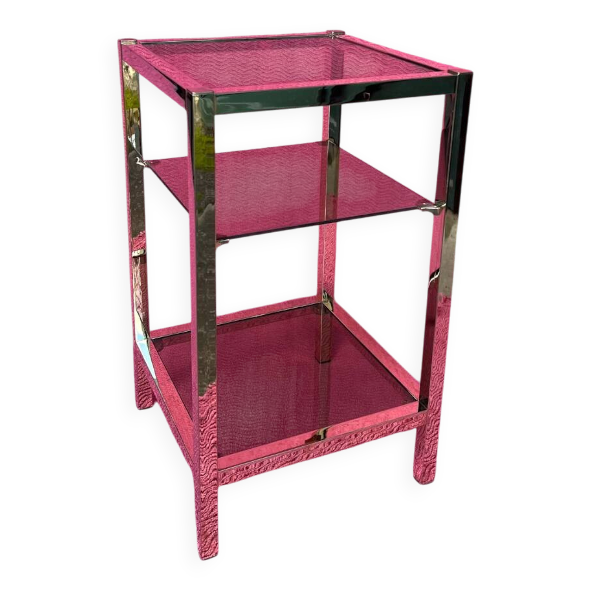 Vintage 1970 coffee table square gold bright square tube 3 platters