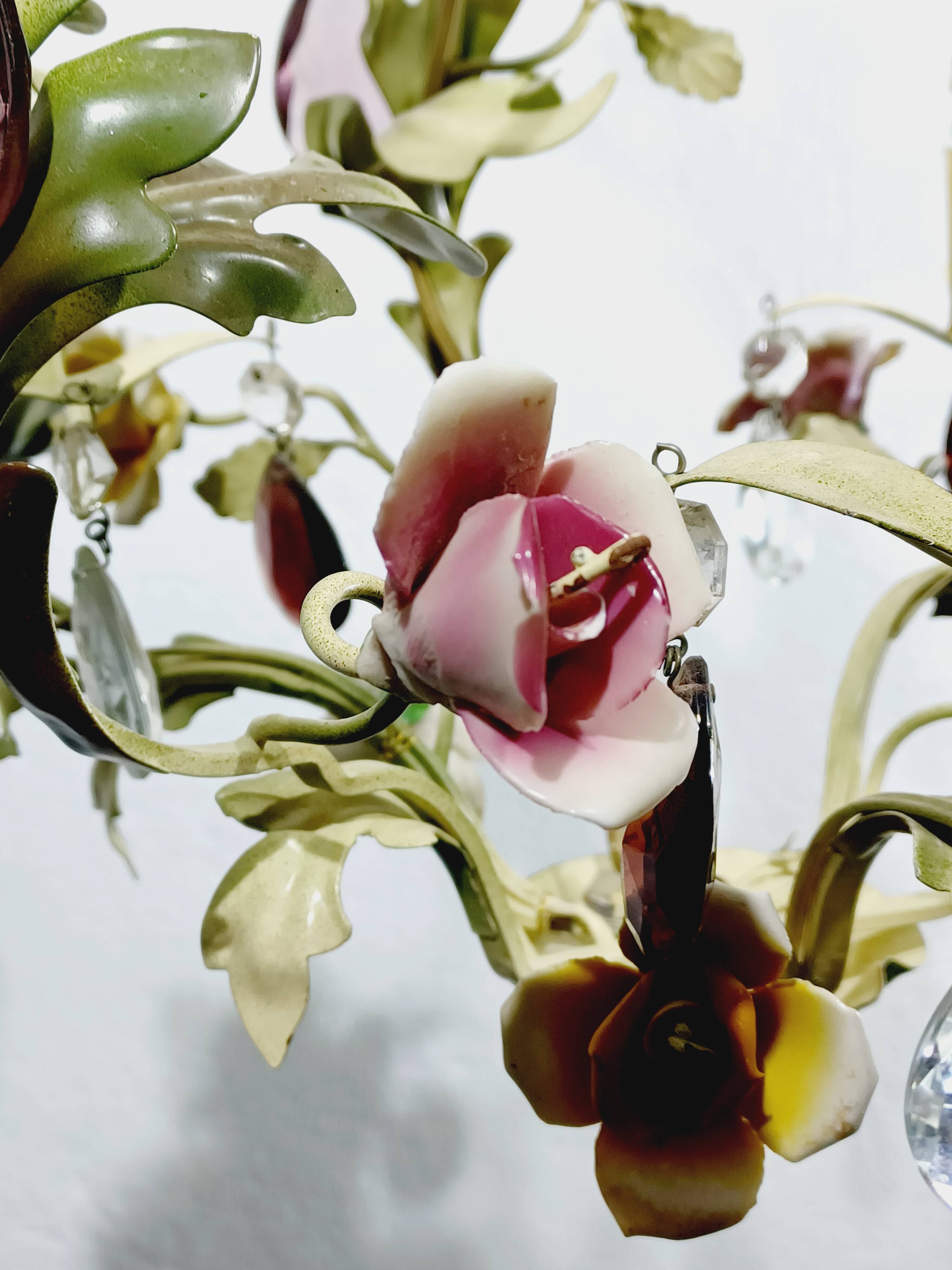 Wrought iron and porcelain chandelier