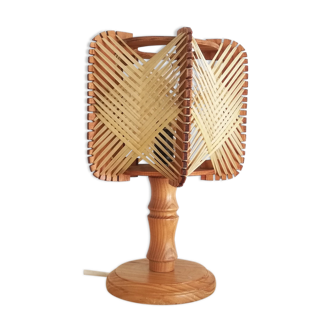 Lampe de table en bois et paille des années 1960
