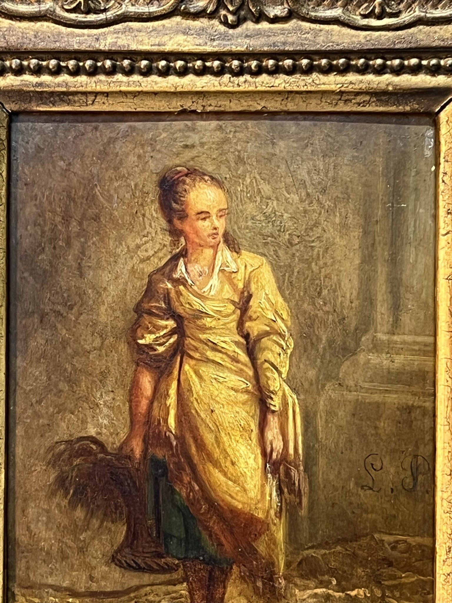 Oil on wood panel, woman with basket, signed LP, Jean Baptiste Le Prince?