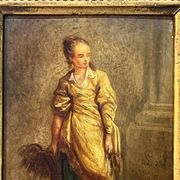 Oil on wood panel, woman with basket, signed LP, Jean Baptiste Le Prince?