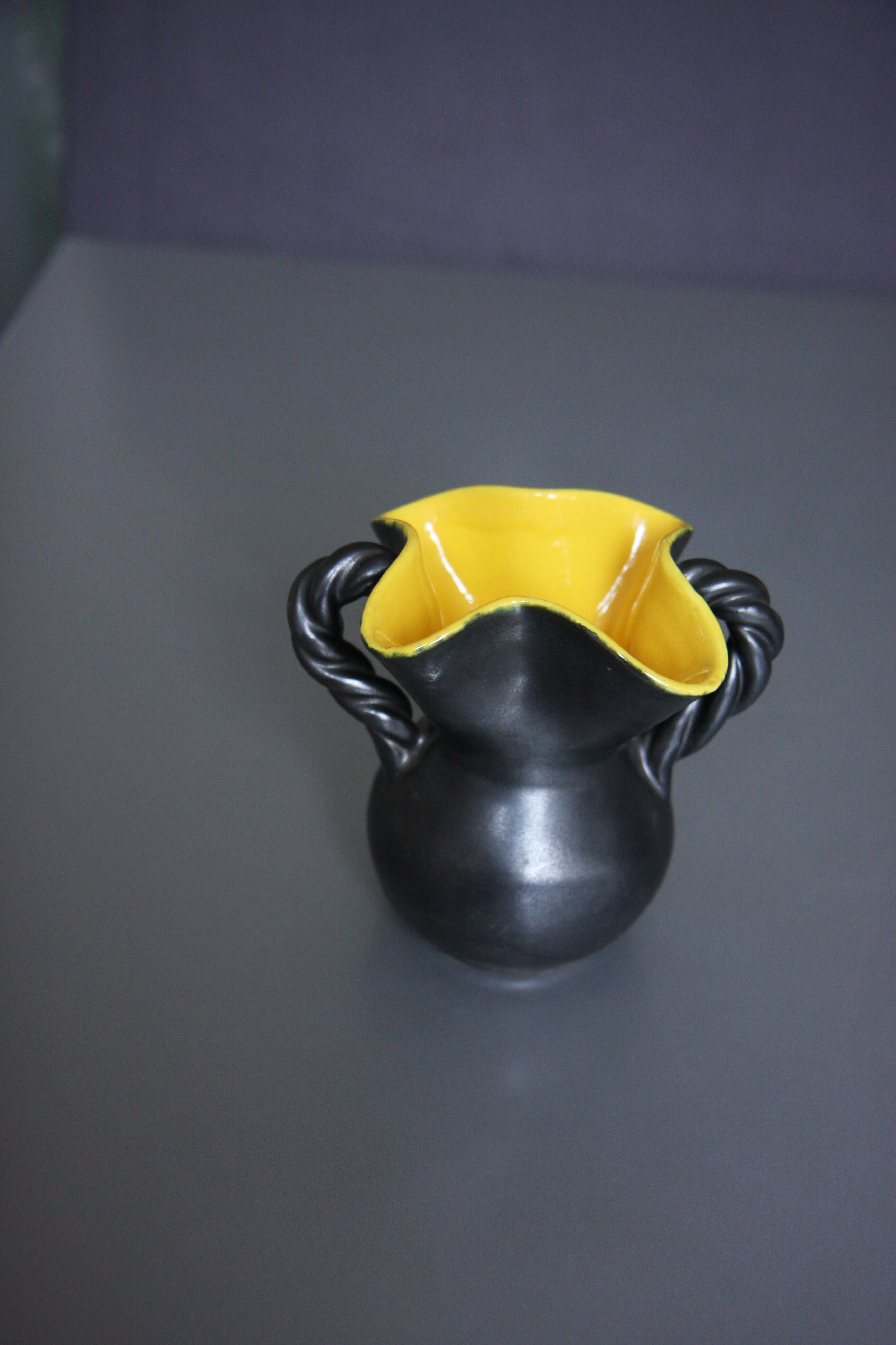Black and yellow vase, Vallauris ceramics, twisted handles.