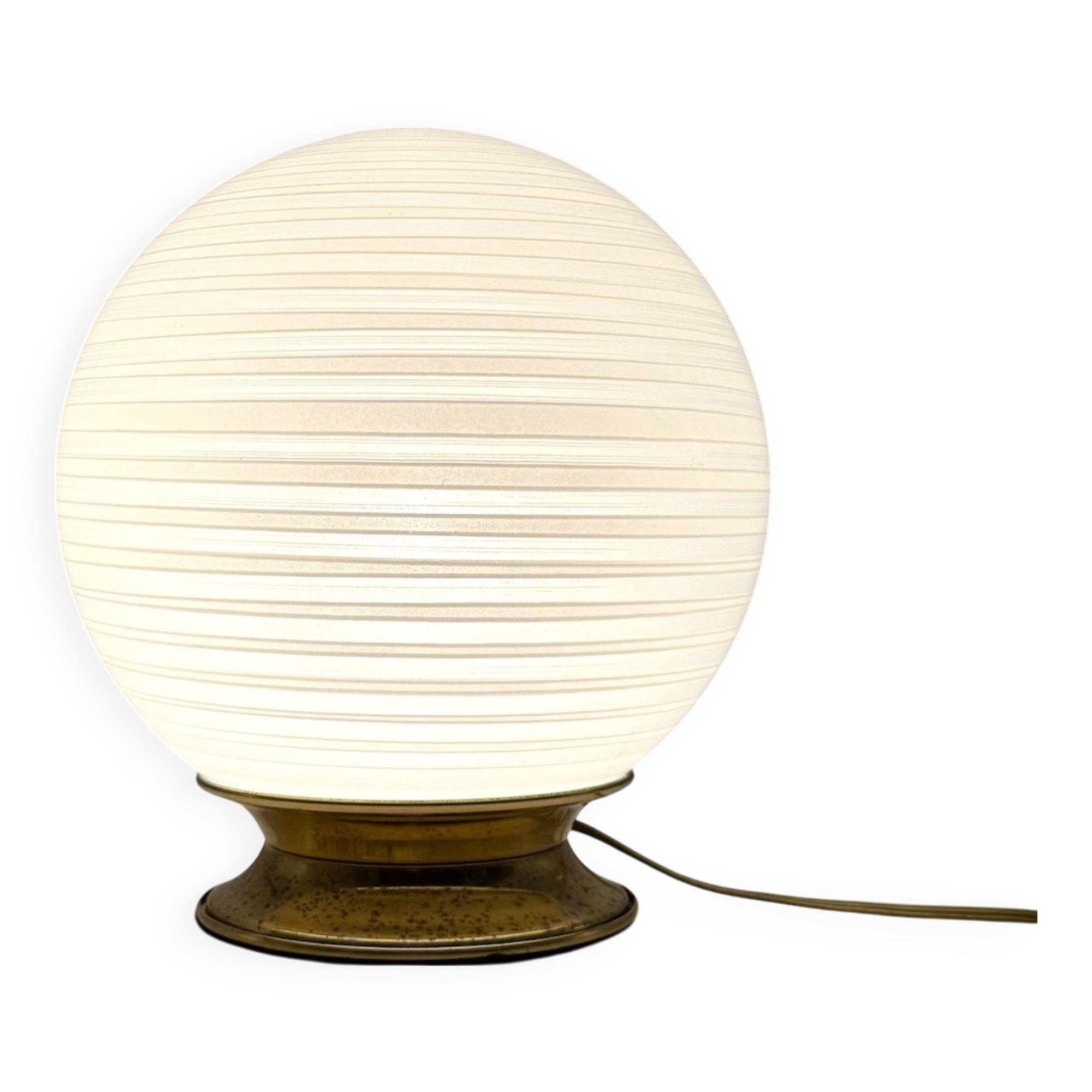 Vintage 70s Italian Table Lamp with Swirl Glass Globe and Brass Base