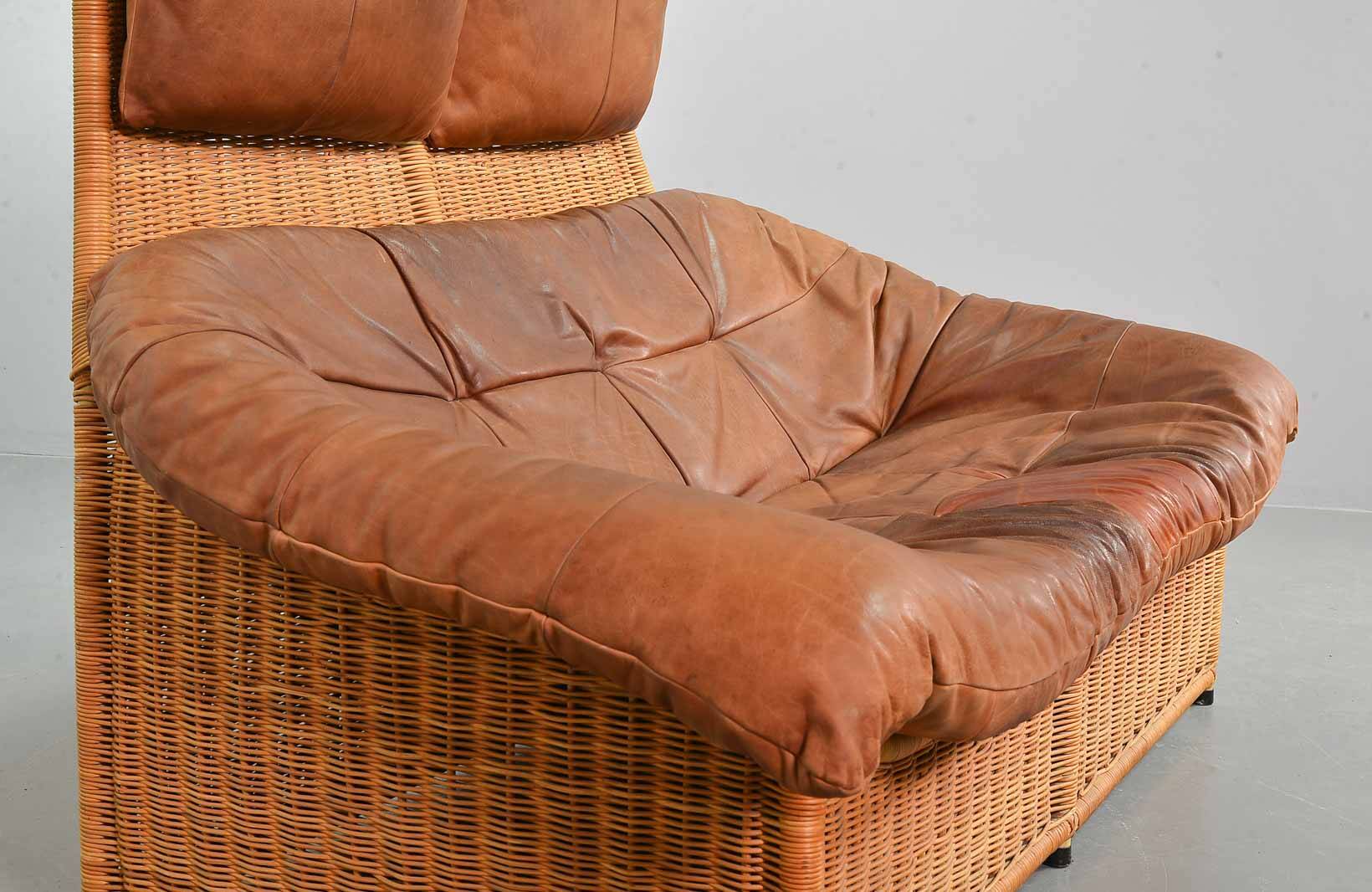 Gerard van de Berg Cognac Patchwork Leather 2-Seat Rockstyle Cane Sofa 70s