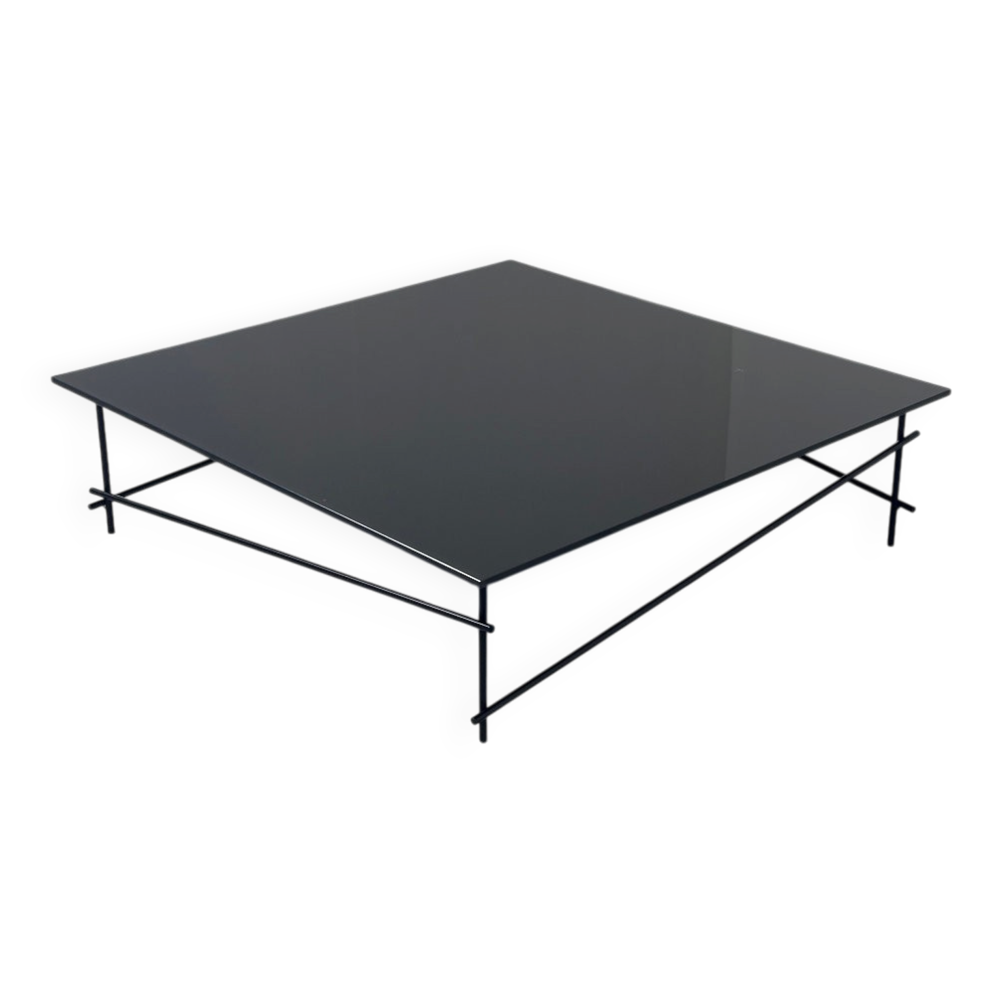 Minimalist black glass coffee table with industrial metal base