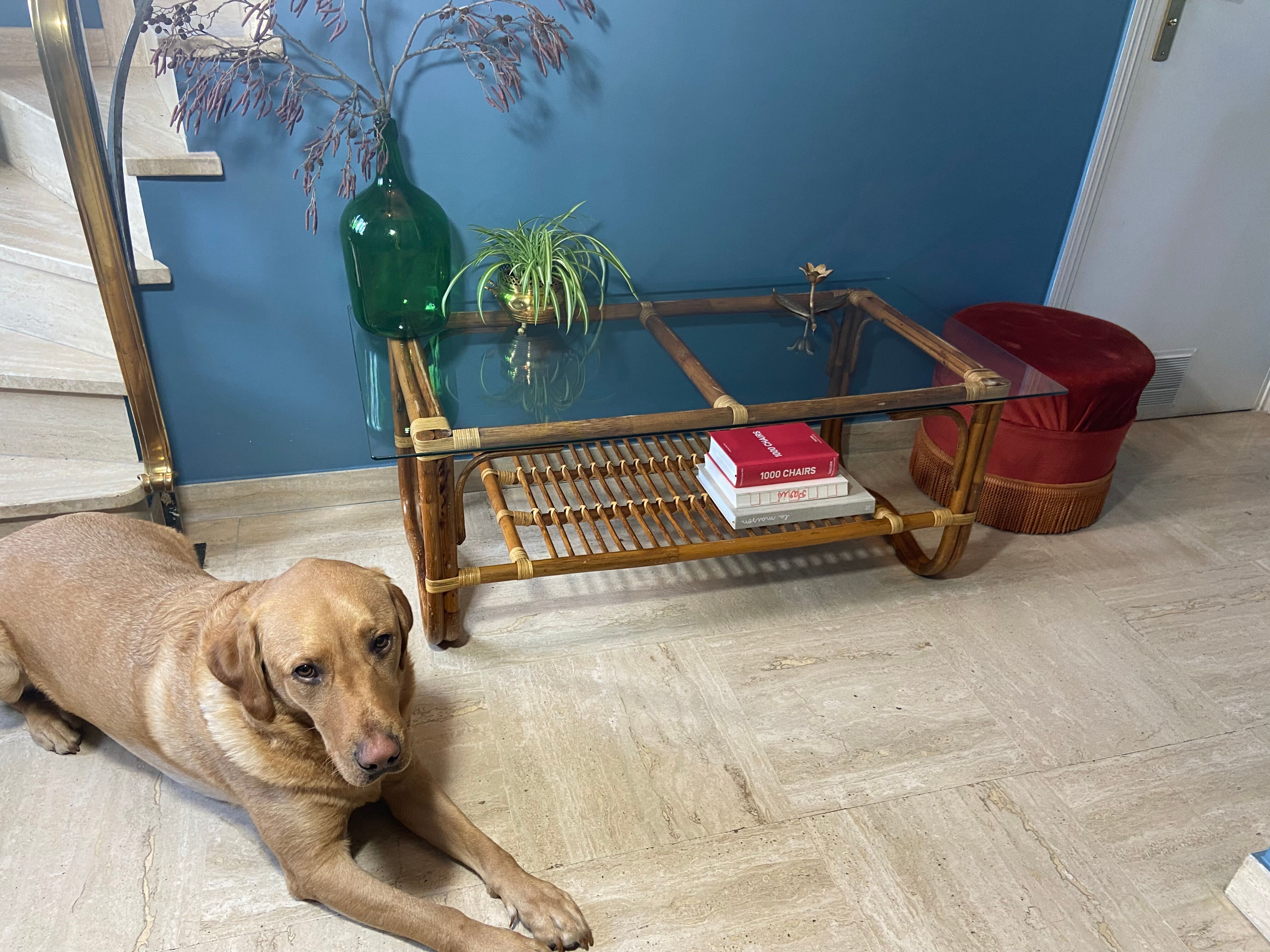 Vintage rattan and glass coffee table