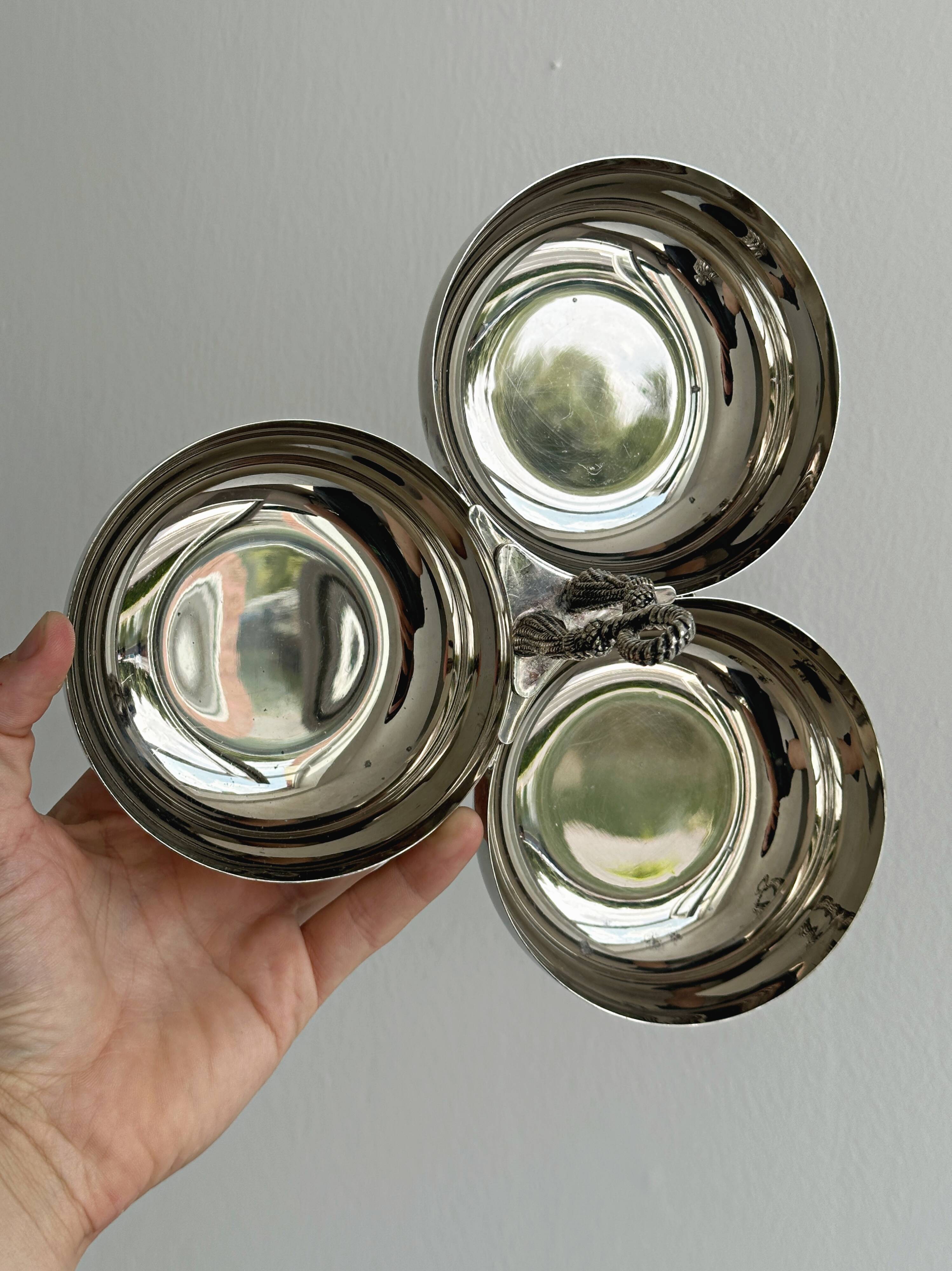 Silver stainless steel three-part serving platter
