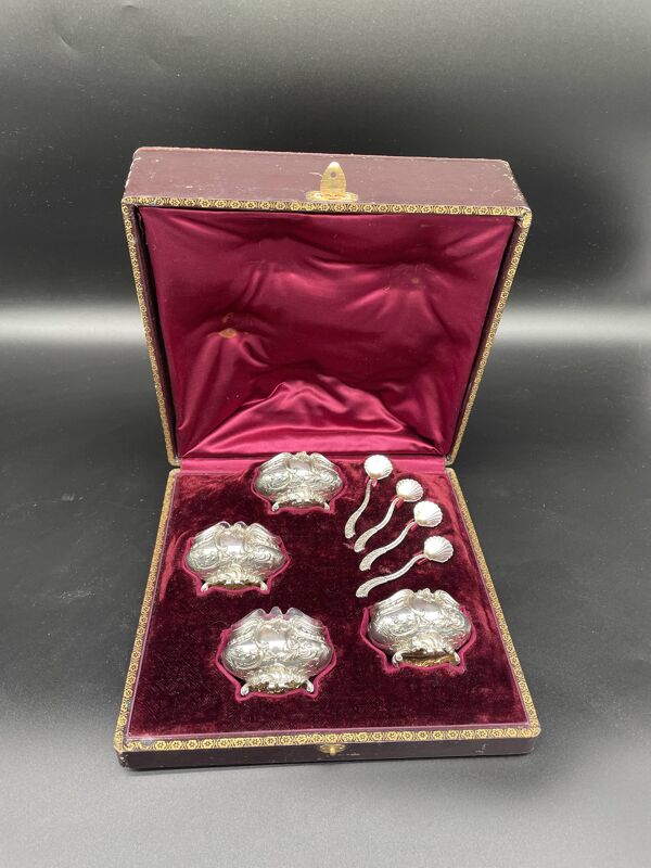 4 salerons, argent, Ravinet D'enfert, 4 pelles, intérieur verre blanc, écrin, intérieur pourpre, XIX