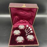 4 salerons, argent, Ravinet D'enfert, 4 pelles, intérieur verre blanc, écrin, intérieur pourpre, XIX