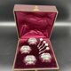 4 salt pots, silver, Ravinet D'enfert, 4 shovels, white glass interior, case, purple interior, 19th century