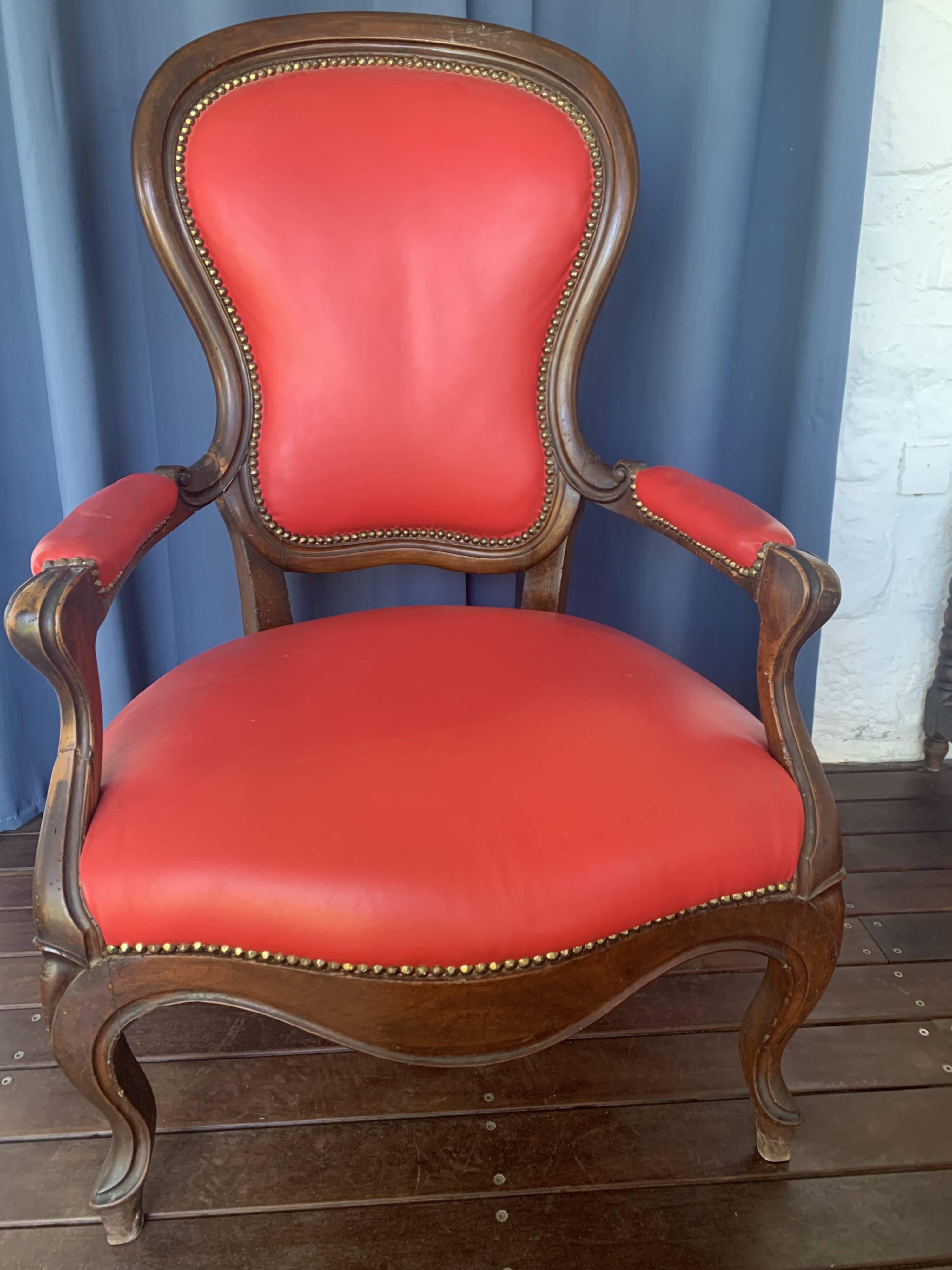 Antique solid wood armchair – Louis XV style – red upholstery, 19th century