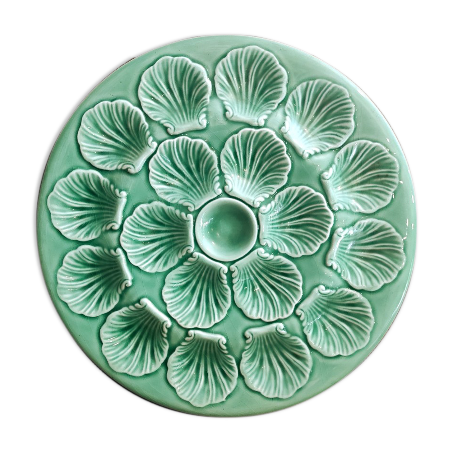 Vintage French Oyster Tray in turquoise Majolica