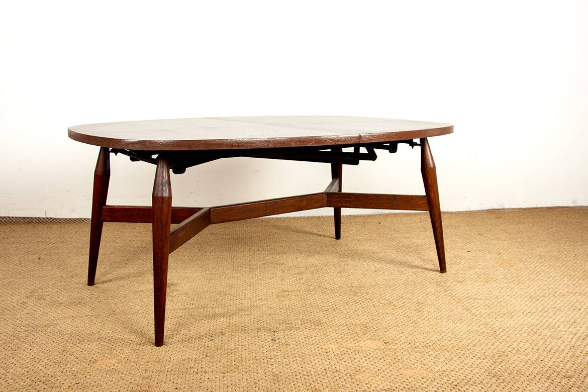 Danish high and low table in teak and brown lacquered wood, Smørrebrø model
