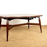 Danish high and low table in teak and brown lacquered wood, Smørrebrø model