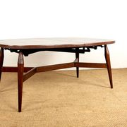 Danish high and low table in teak and brown lacquered wood, Smørrebrø model