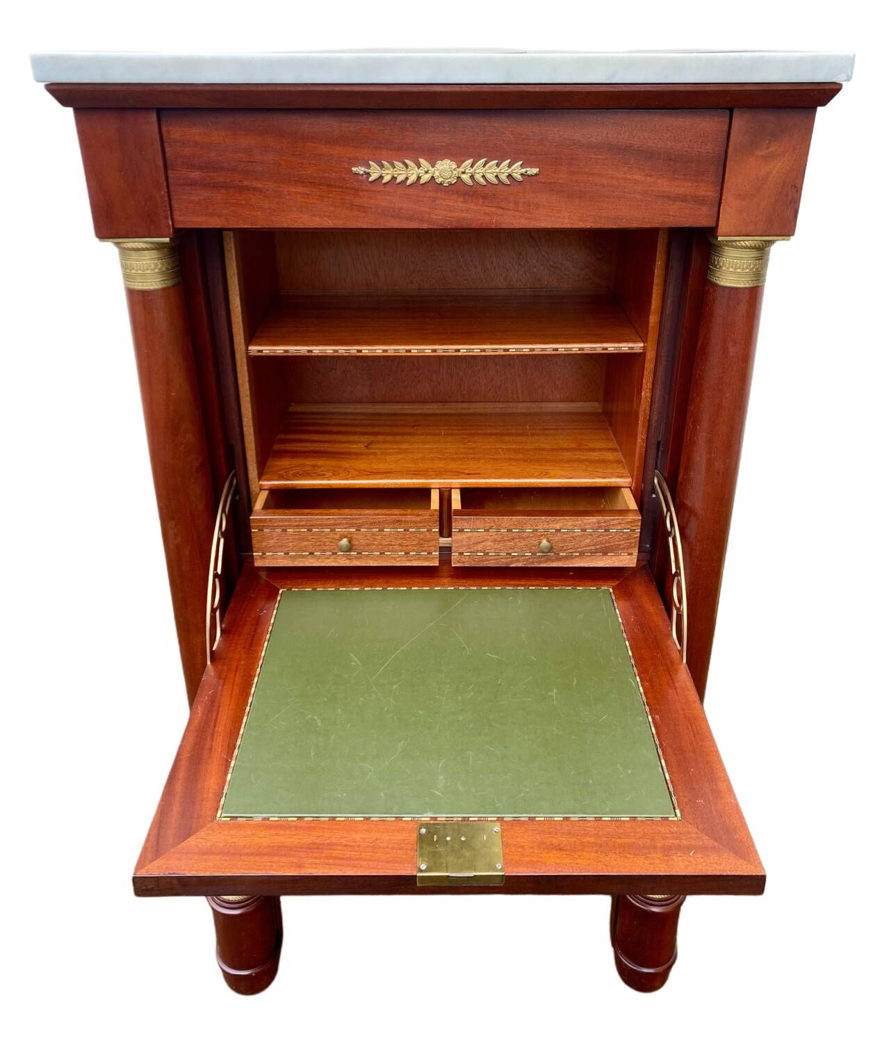 Empire secretary with white marble top in mahogany and brass, 6 drawers.