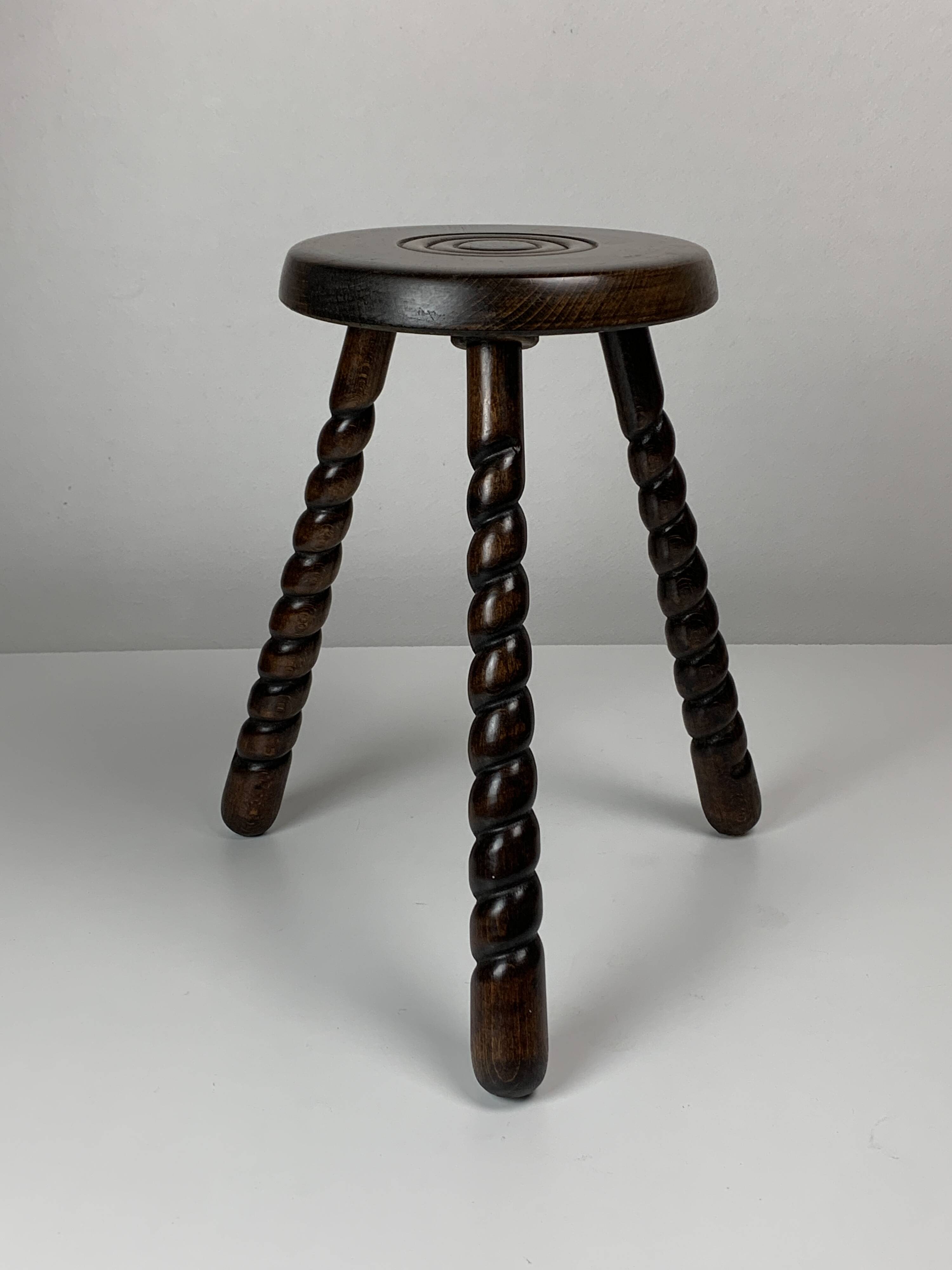 Pair of 2 midcentury brutalist modernist wood turned stools, ca 1950s
