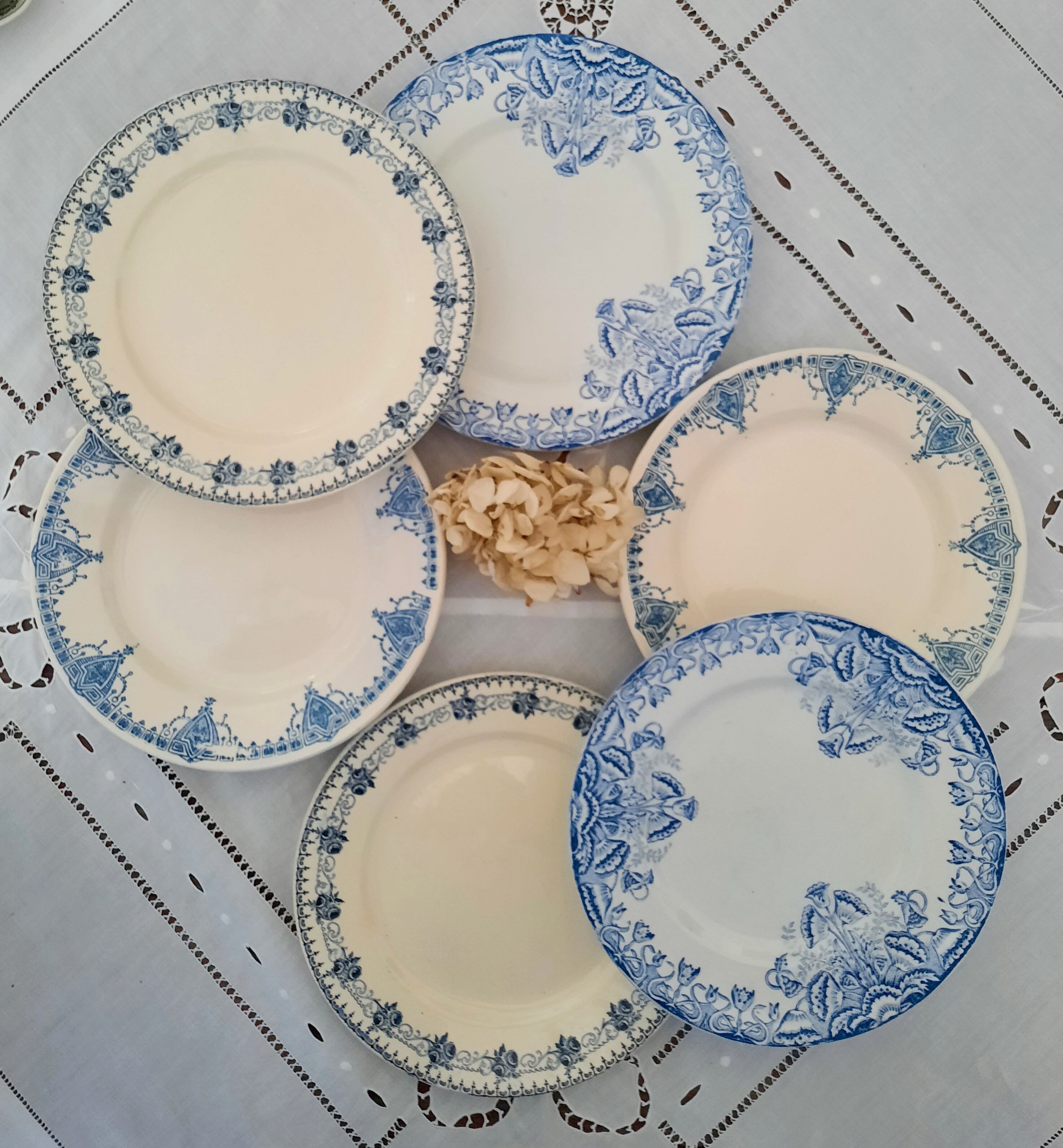 6 old flat plates mismatched iron earth