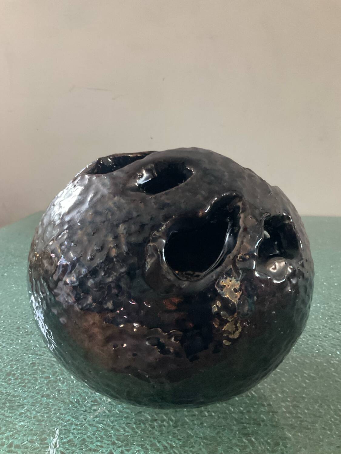 Large brutalist spherical vase in iridescent glazed terracotta