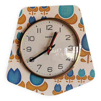 Horloge formica vintage pendule murale silencieuse trapèze "Trophy fleurs bleues"