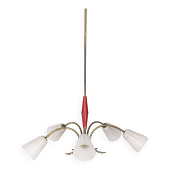 Vintage 60's chandelier, red metal and glass, italian design