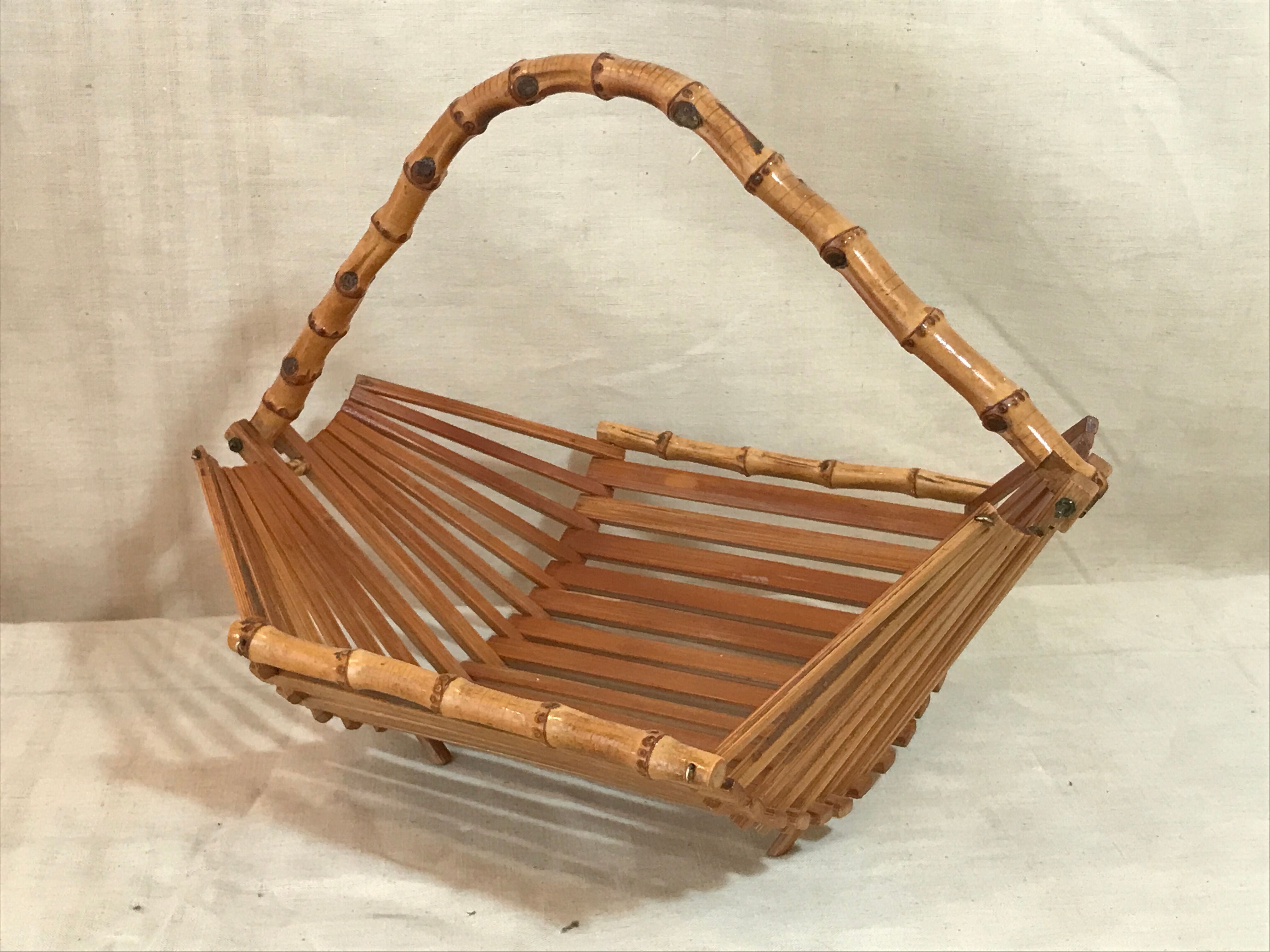 Basket fruit cut 1960 vintage bamboo rattan wicker