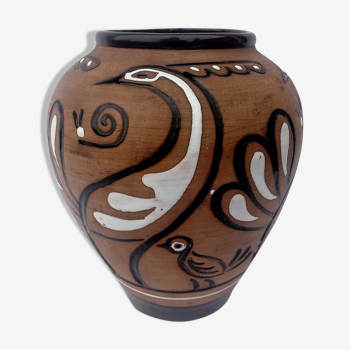 Enamelled sandstone vase decorated with birds & snails