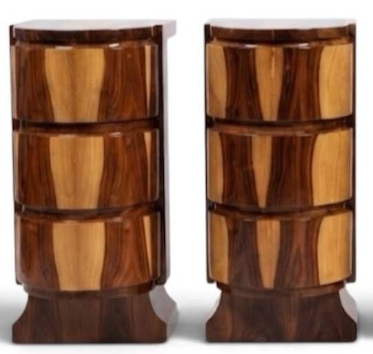A pair of Art Deco bedside tables in beech wood & rosewood.