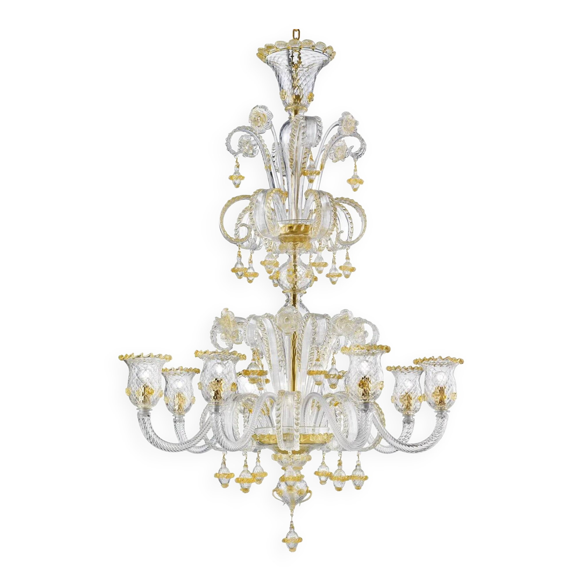 Ornate Murano Glass Rigadin Chandelier with Refined Gold Trimming