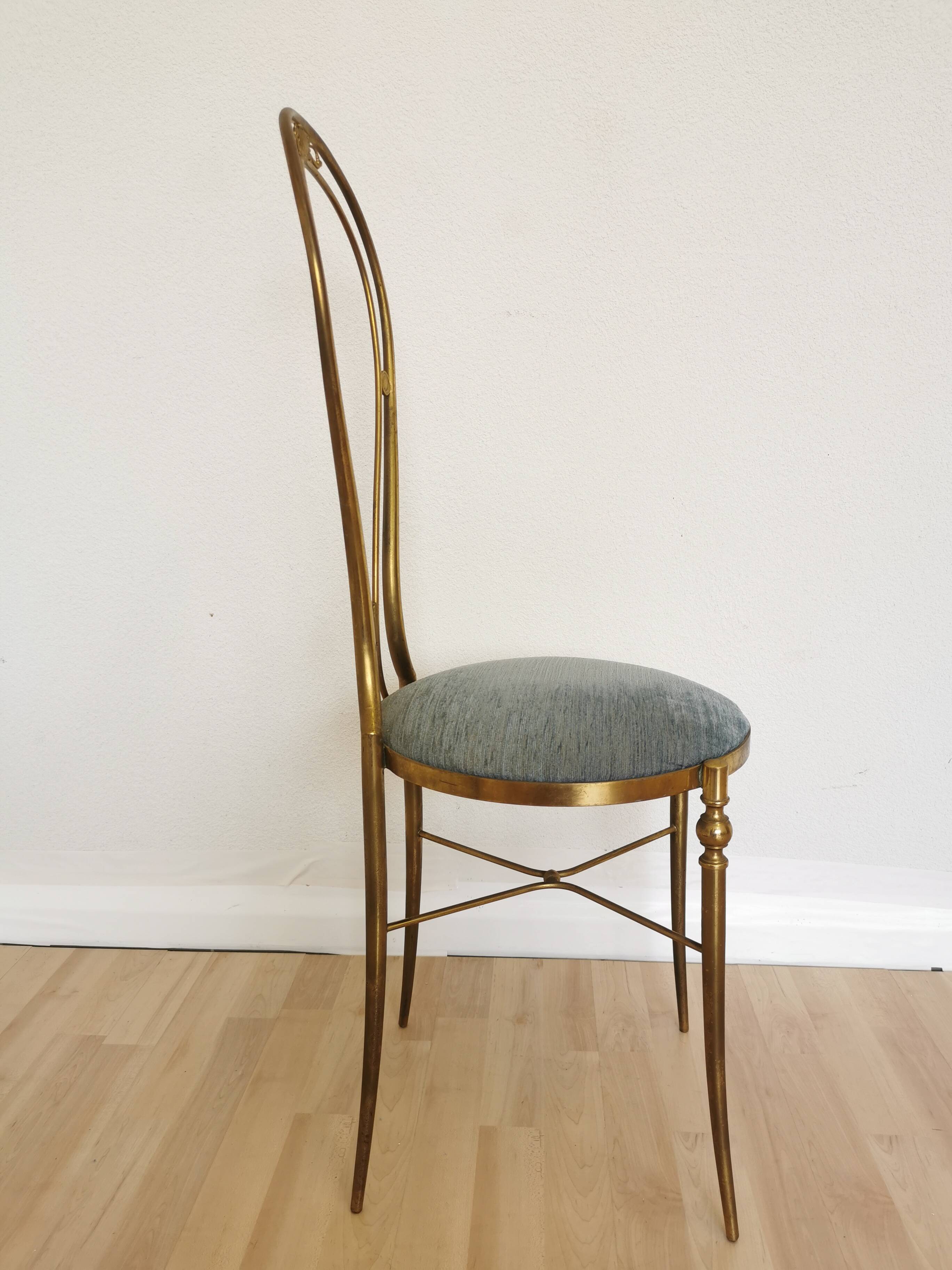 Vintage Paolo Buffa Brass Vanity Chair: Chiavari Style, Blue Fabric, 1950s
