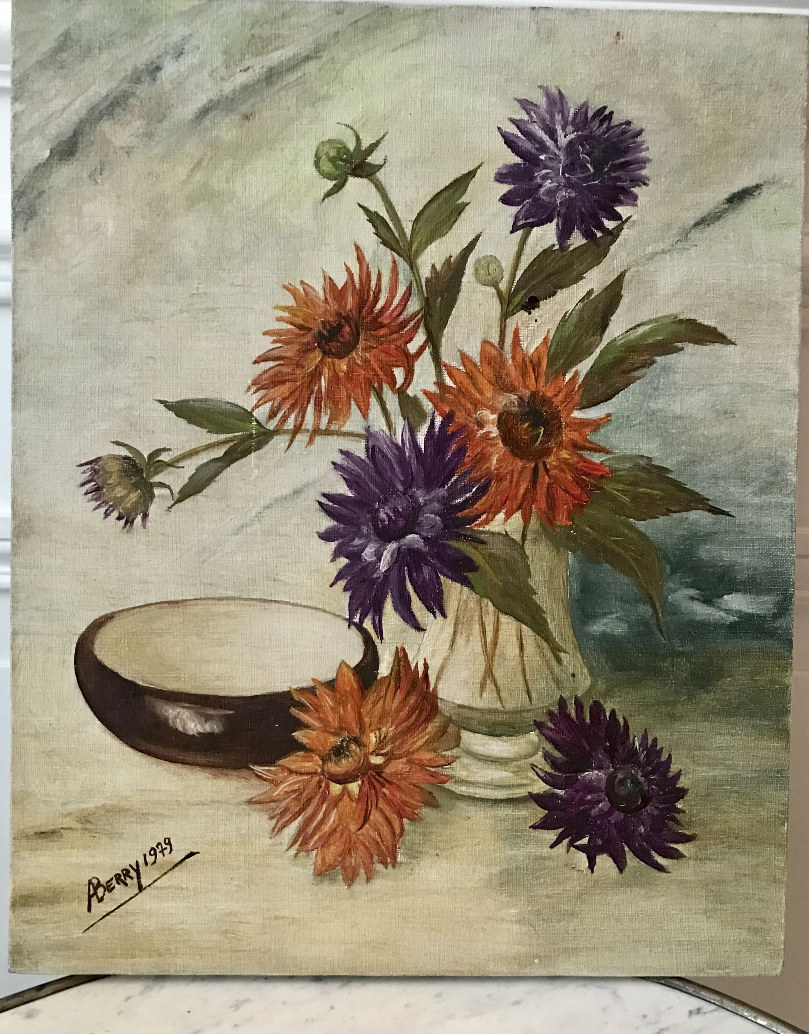 Oil painting on canvas still life bouquet buttercups and lilacs signed vintage