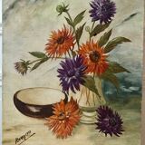 Oil painting on canvas still life bouquet buttercups and lilacs signed vintage