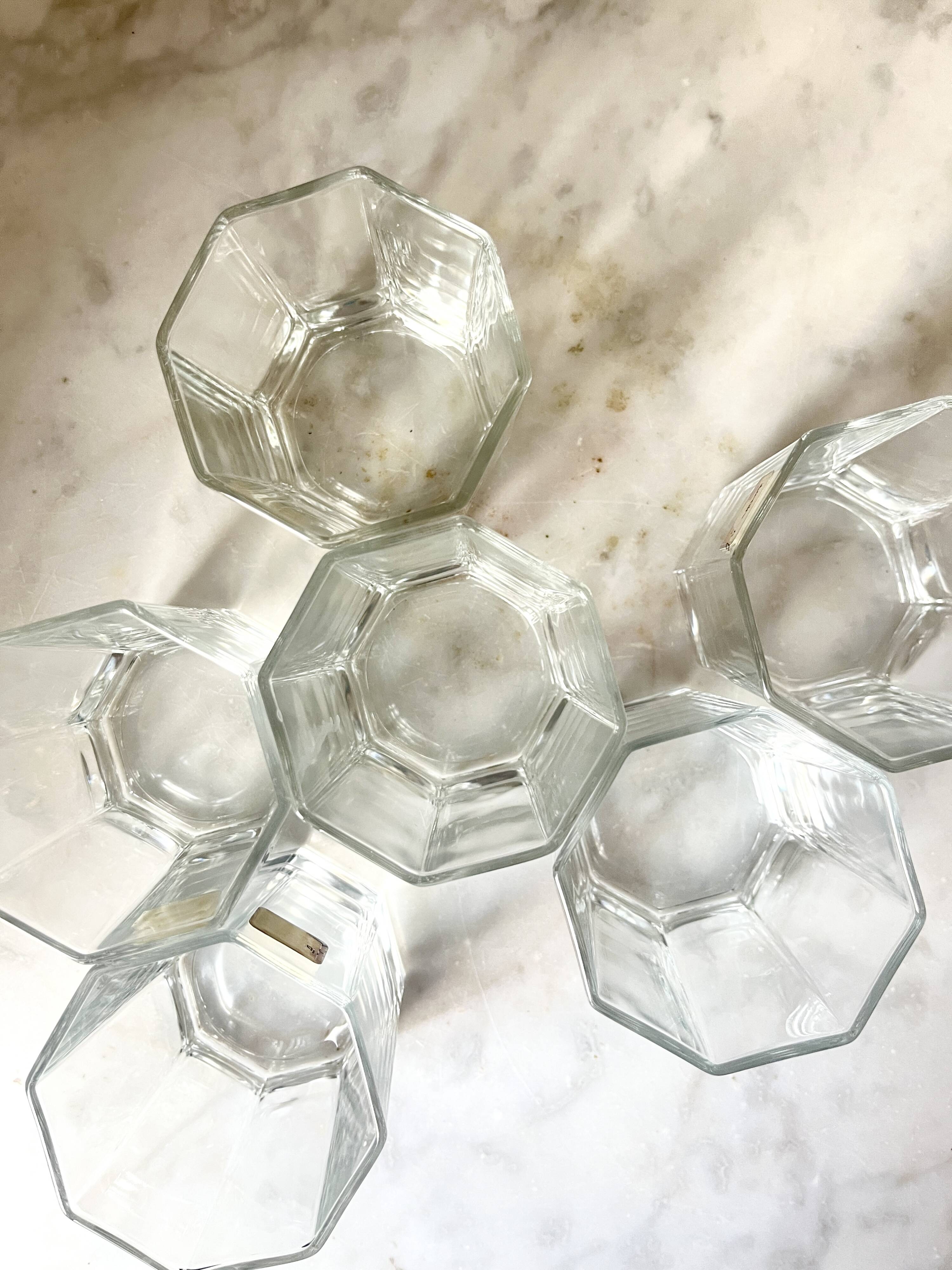 Vintage 6 x Hexagonal Clear Water Glasses, by Luminarc France, 1980s