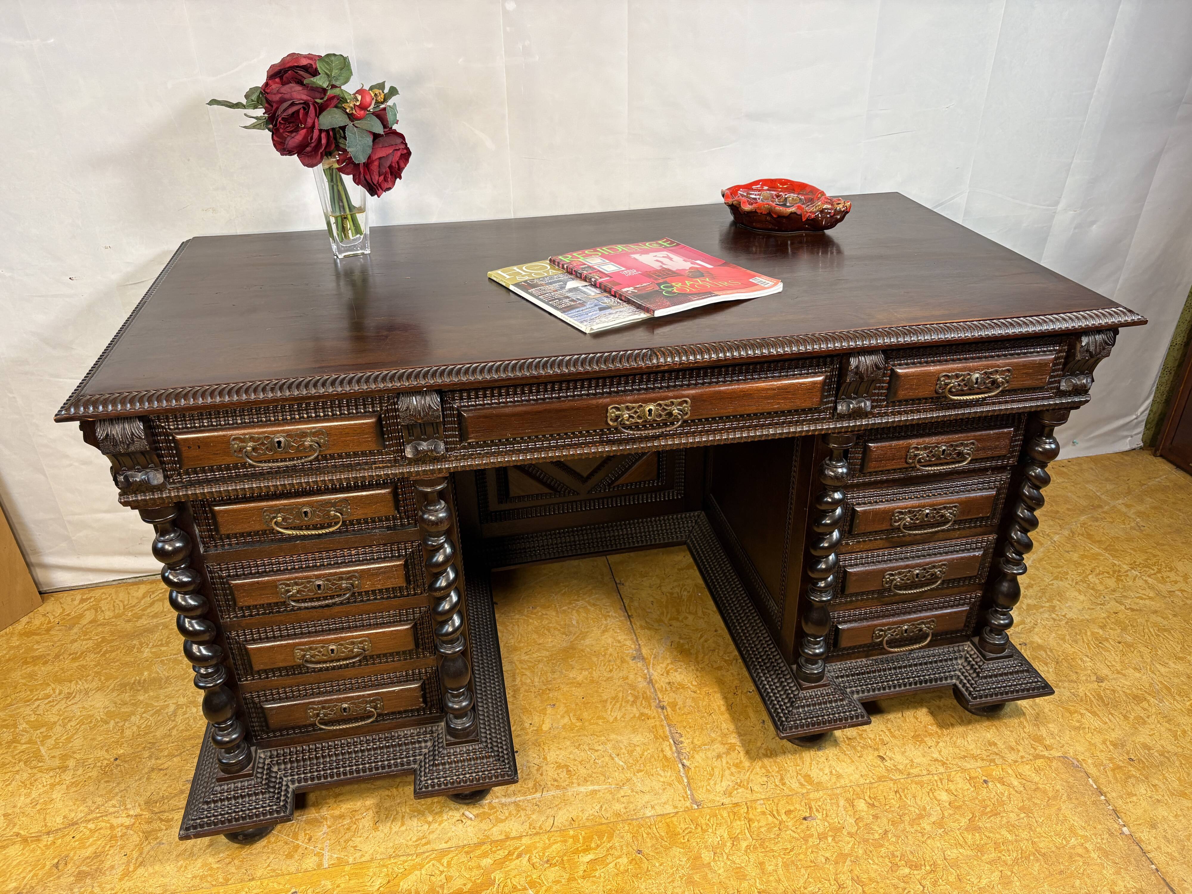 Exceptional Antique Portuguese Baroque Revival Twin Pedestal Desk  Spiral T
