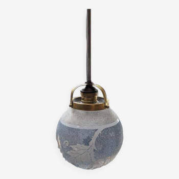 Old suspension ceiling light globe blue glass acid decor flower signed clio art deco 1930