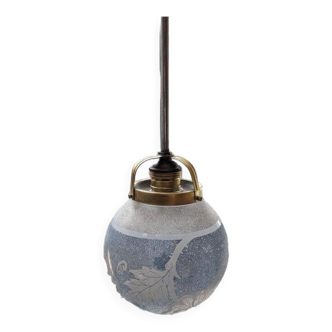 Old suspension ceiling light globe blue glass acid decor flower signed clio art deco 1930