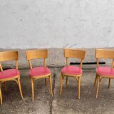 Lot of 4 baumann chairs bistrot parisian barter beech wood and red skaï