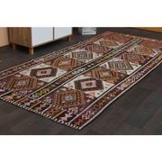 1970s Vintage Turkish Oushak Handmade Wool Cotton Brown Runner Rug 135x300