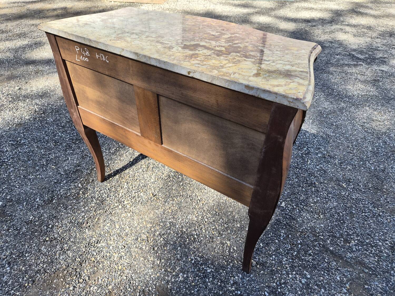 Louis XV style jump commode with marquetry and marble decoration.