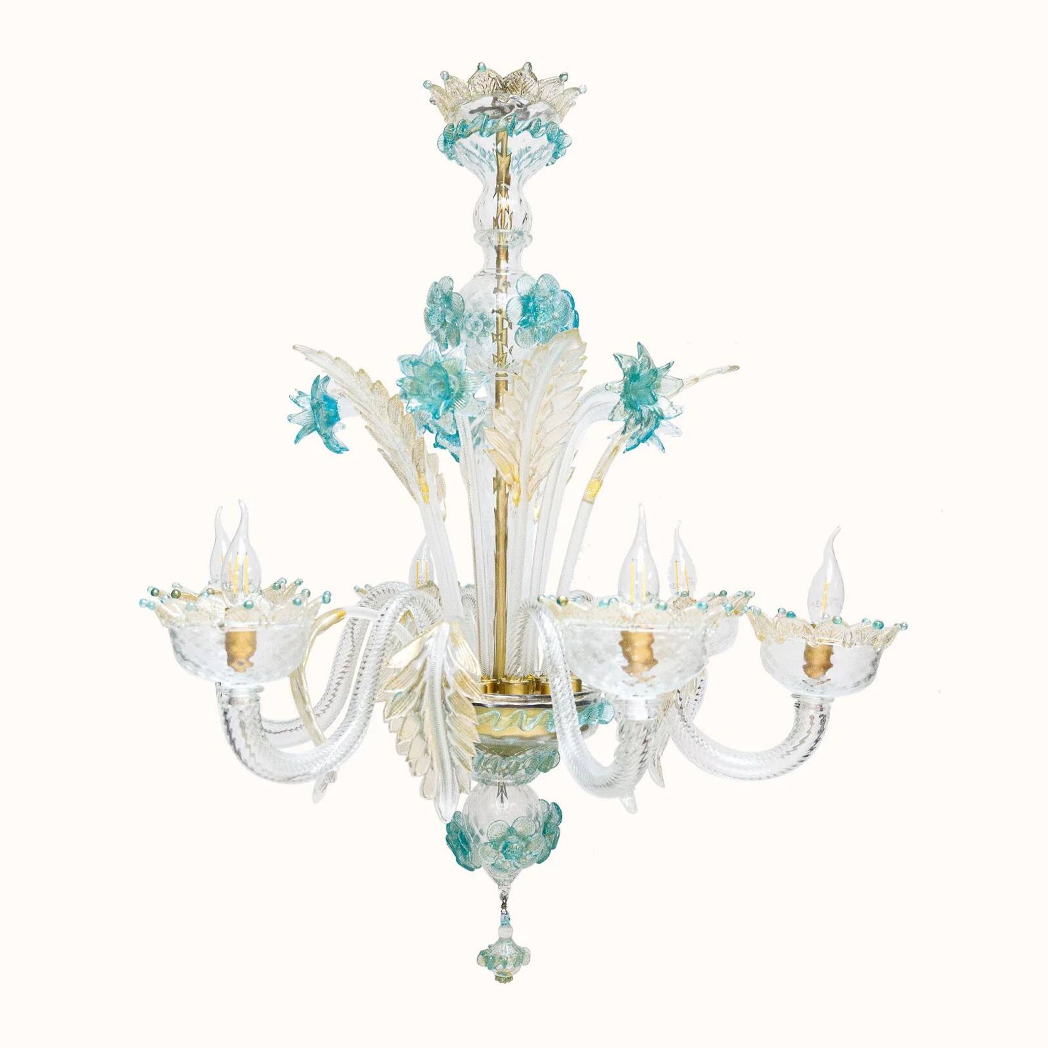 Venetian chandelier in Murano glass with 6 lights, white and blue.